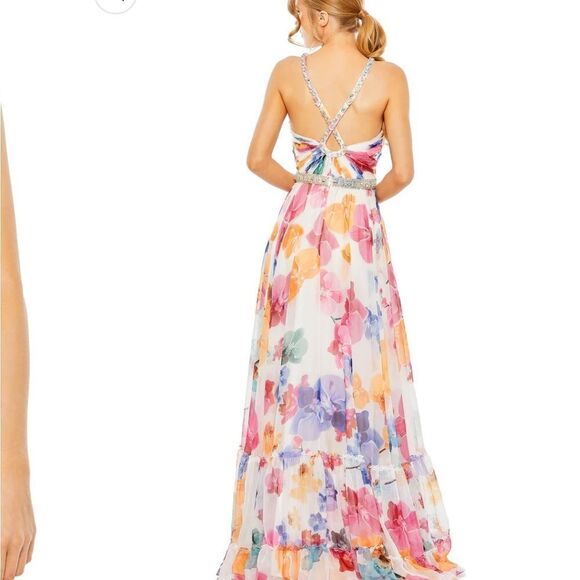 Mac Duggal 2219 Plunge Neck Embellished A Line Floral Print Gown | Size 12 - Picture 4 of 10